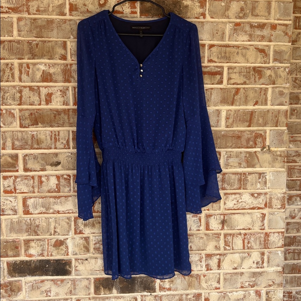White House Black Market Blue Long-Sleeve V-Neck Dress